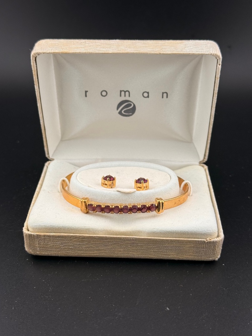 Roman Box Set Costume Jewelry Purple Faux Stones Earrings and Bracelet NIB